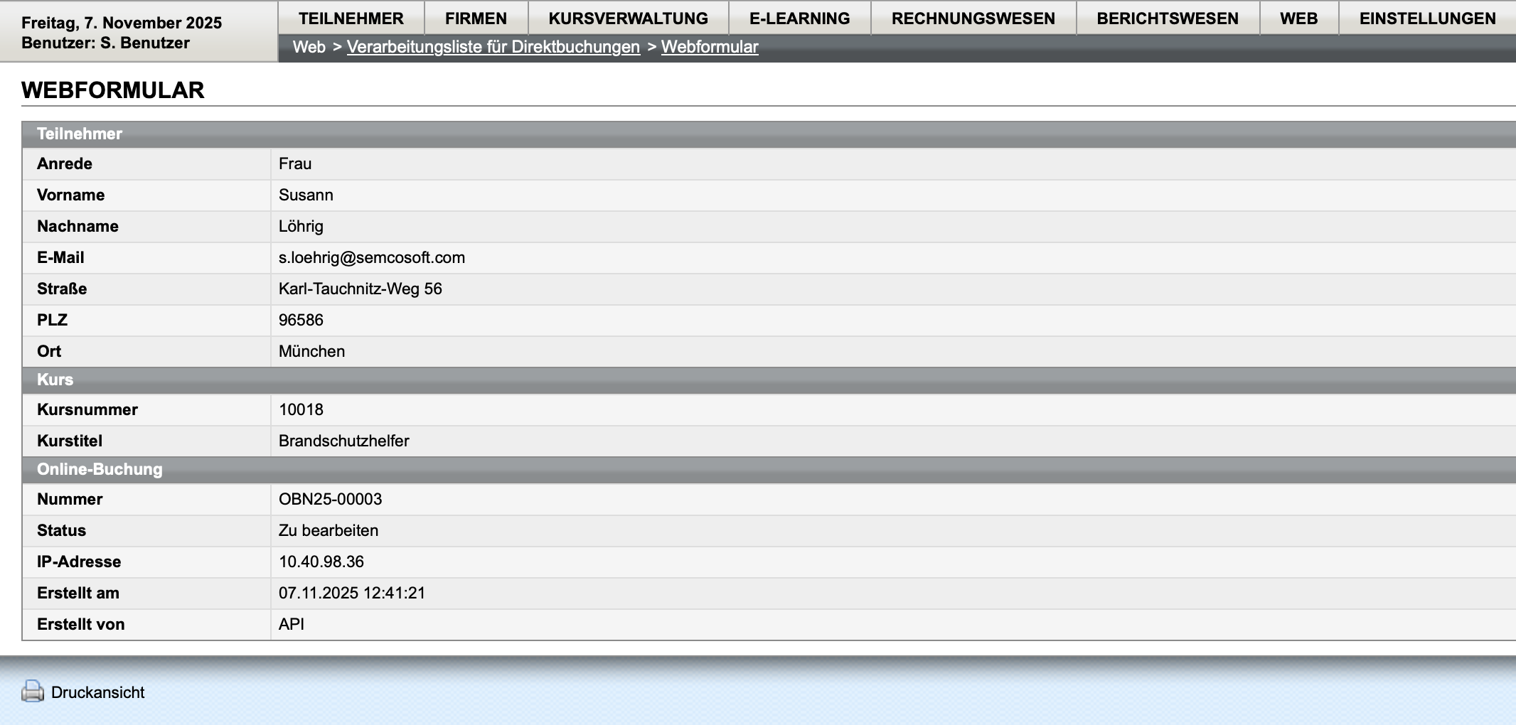 Webformular Teilnehmerdaten