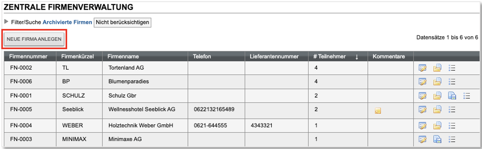 Screenshot Liste Zentrale Teilnehmerverwaltung