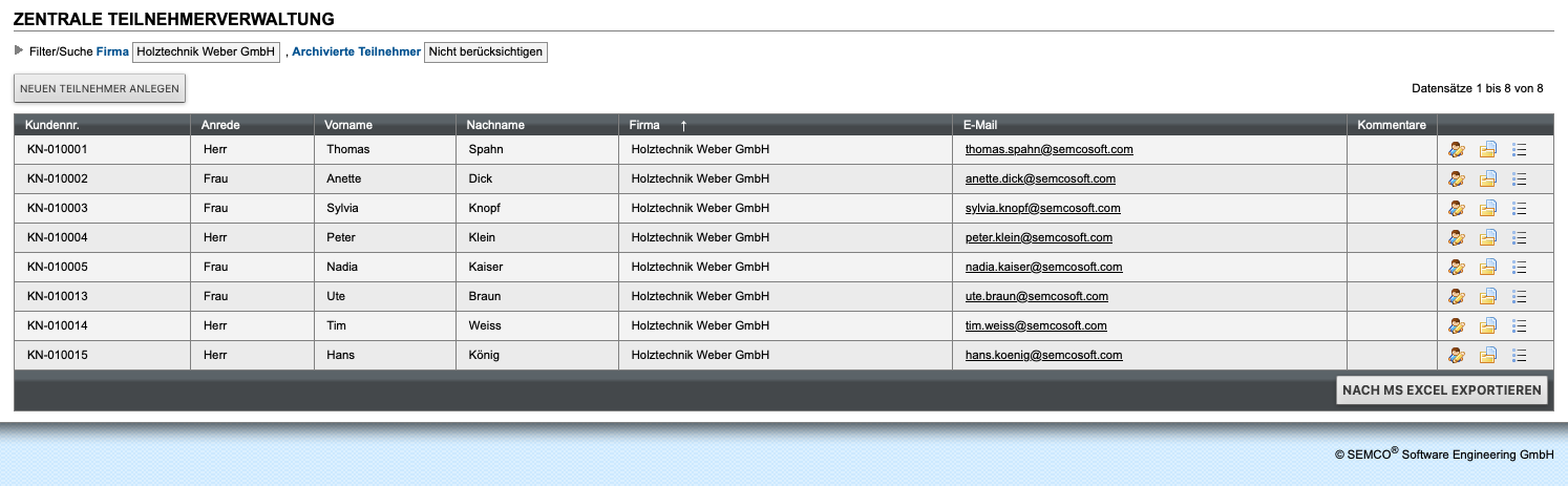 Zentrale Teilnehmerveraltung - Teilnehmerliste
