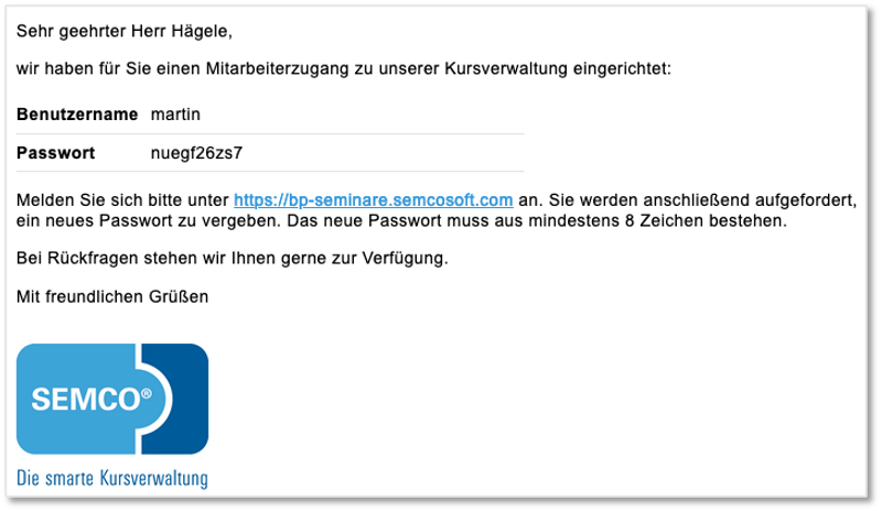 Zugang erstellt (SEMCO-Hauptbenutzer)