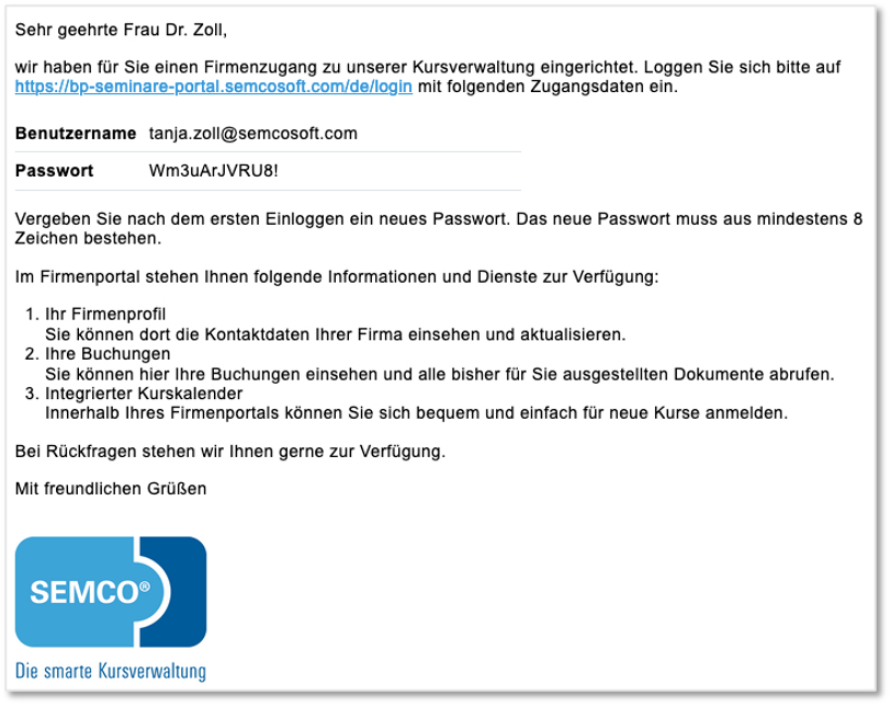 Zugang zum Firmenportal erstellt