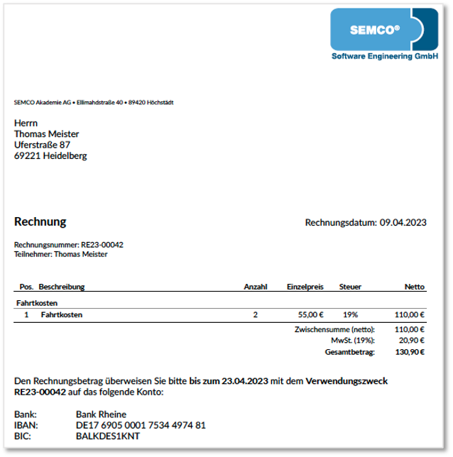 Zusatzrechnung für einen Teilnehmer