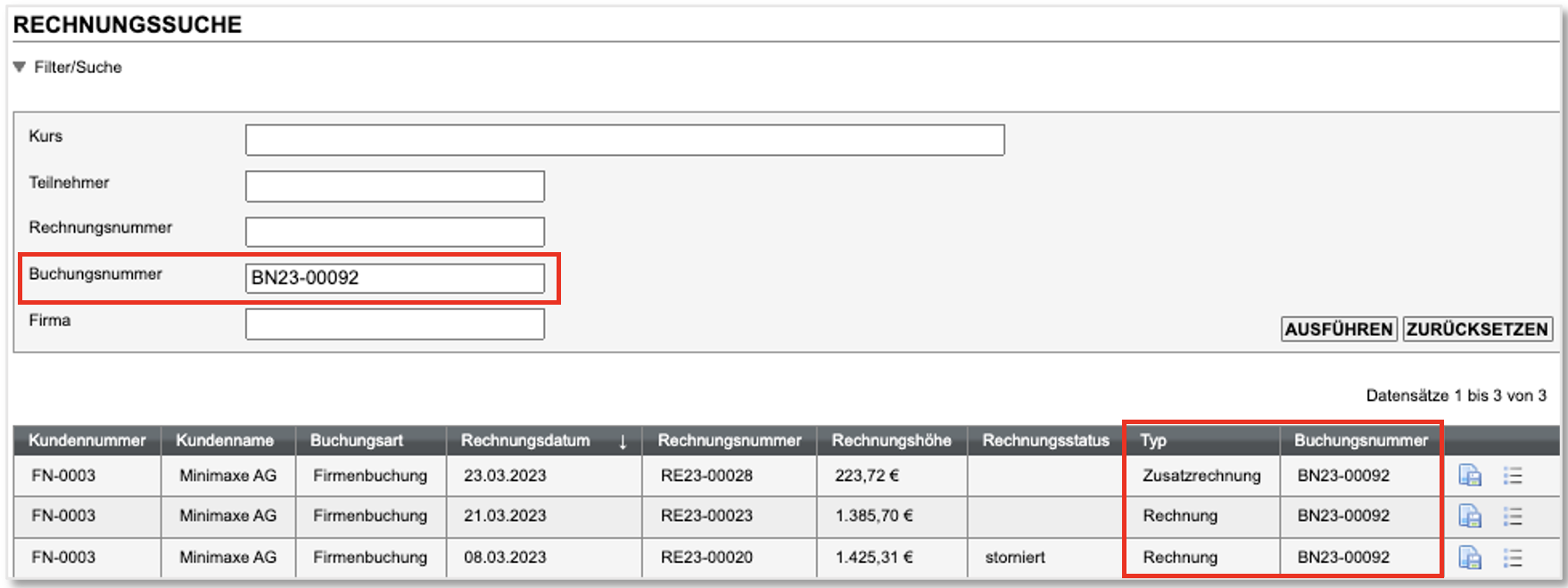 Screenshot der Rechnungssuche-Liste mit Zusatzrechnung für eine Buchung