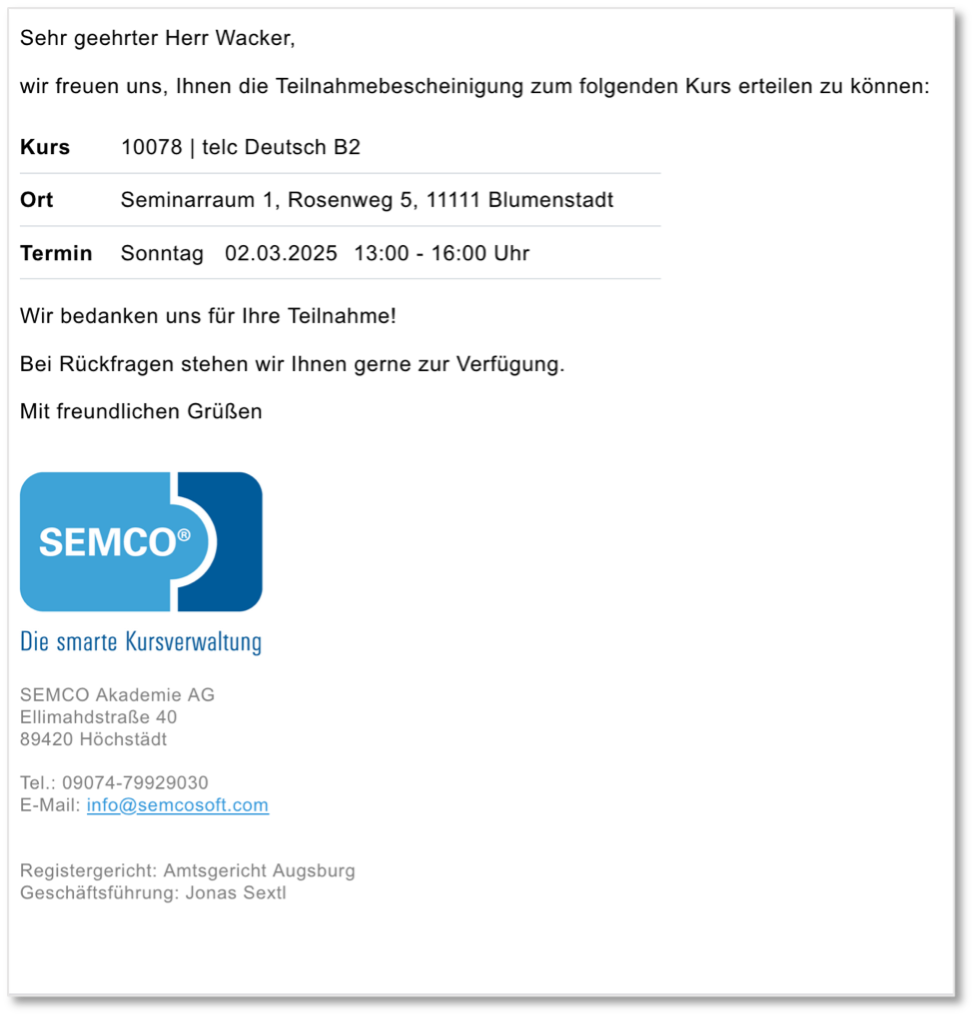 E-Mail mit Teilnahmebescheinigung