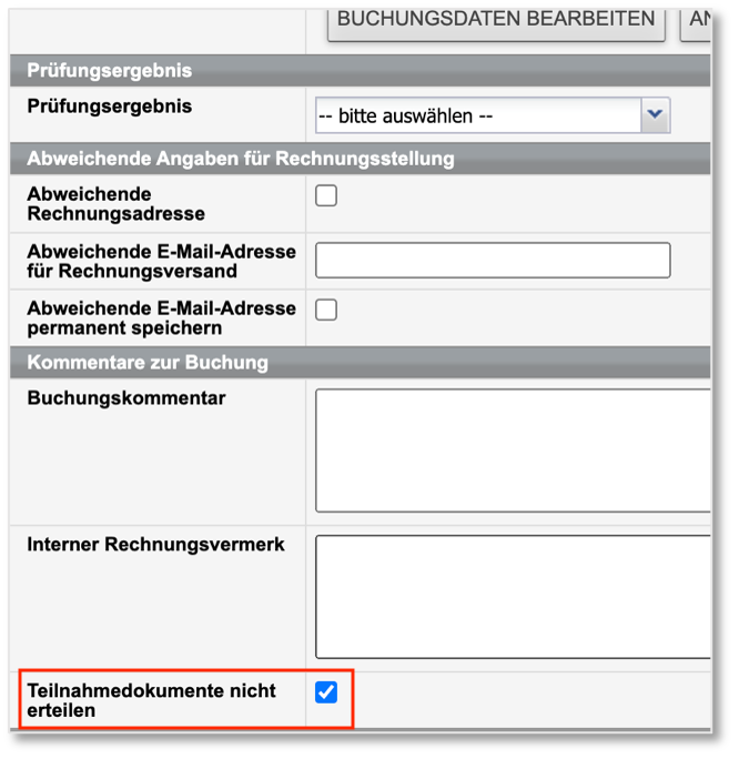 Checkbox „Teilnahmedokumente nicht erteilen“ im Buchungsformular eines Teilnehmers