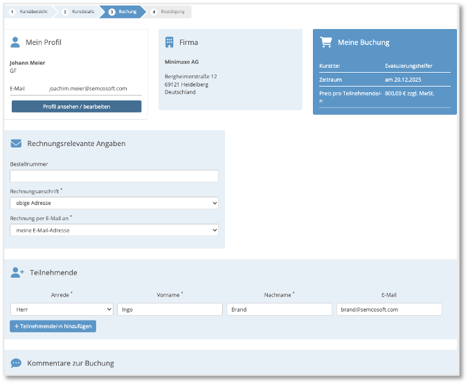 Buchungsformular im Firmenportal