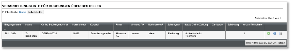 Verarbeitungsliste für Firmenbuchungen