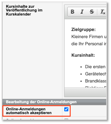 Kursformular-Checkbox für die automatische Verarbeitung von Online-Anmeldungen