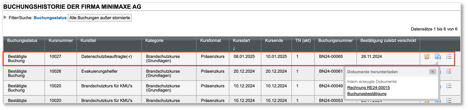 Rechnung in der Buchungshistorie der Firma