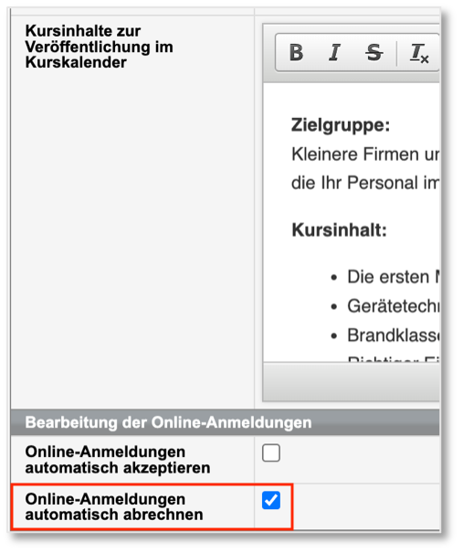 Kursformular-Checkbox für die automatische Rechnungsstellung