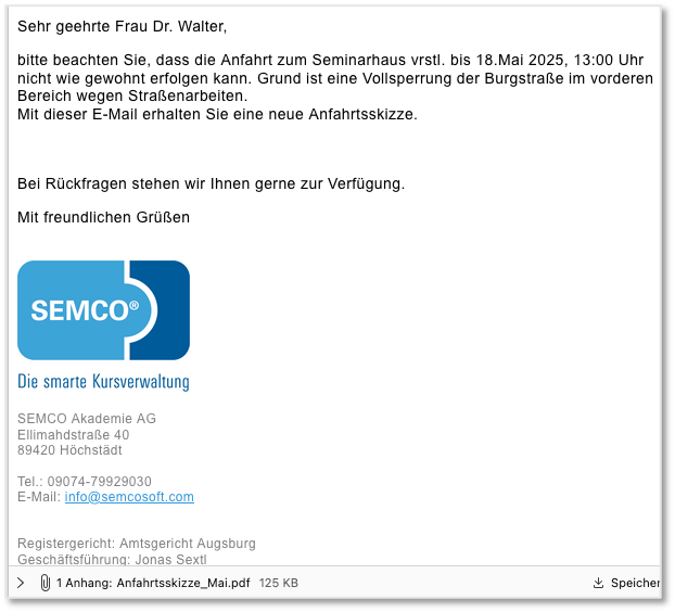E-Mail mit einer Benachrichtigung zum Kurs und Anhang
