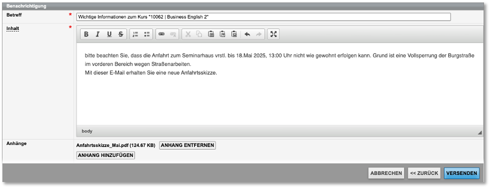 Eingabeformular für die Benachrichtigung