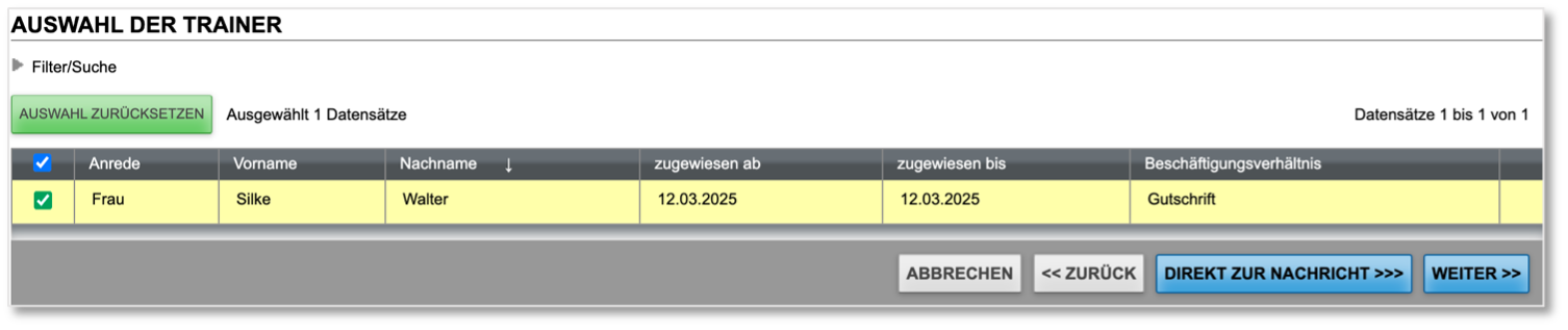 Trainer-Auswahl für die Benachrichtigung