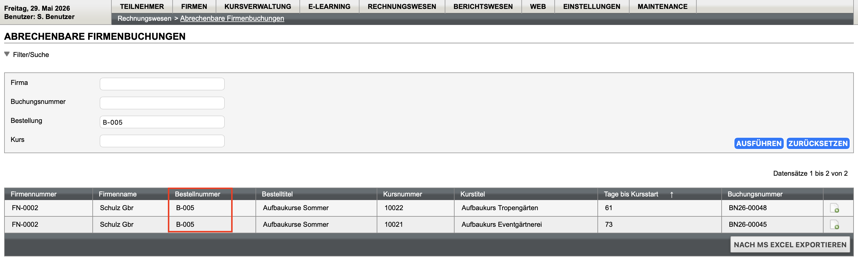 Abrechenbare Firmenbuchungen nach Bestellnummer
