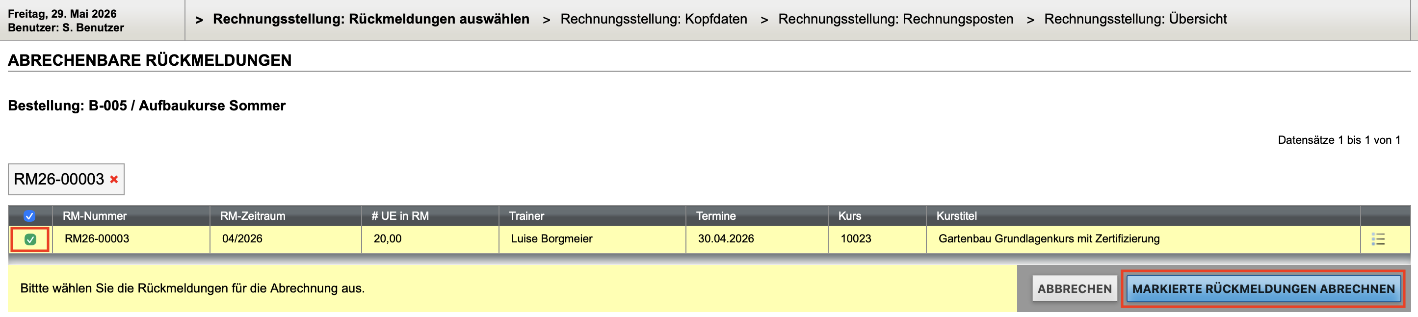 Abrechenbare Rückmeldungen für eine Bestellung