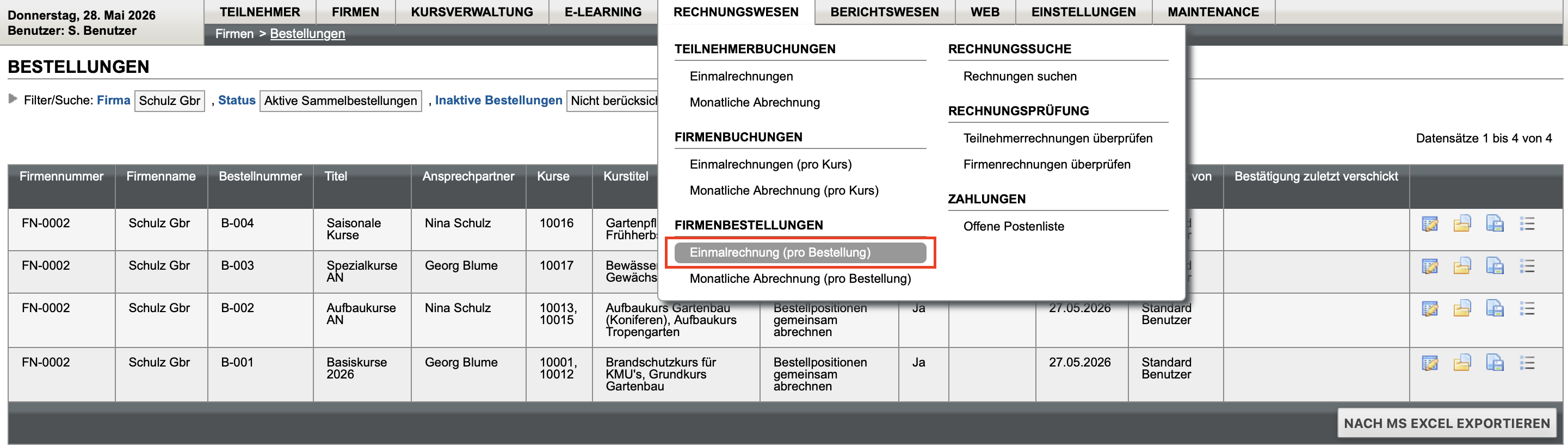 Menüpunkt Einmalabrechnung (pro Bestellung) im Menü Rechnungswesen