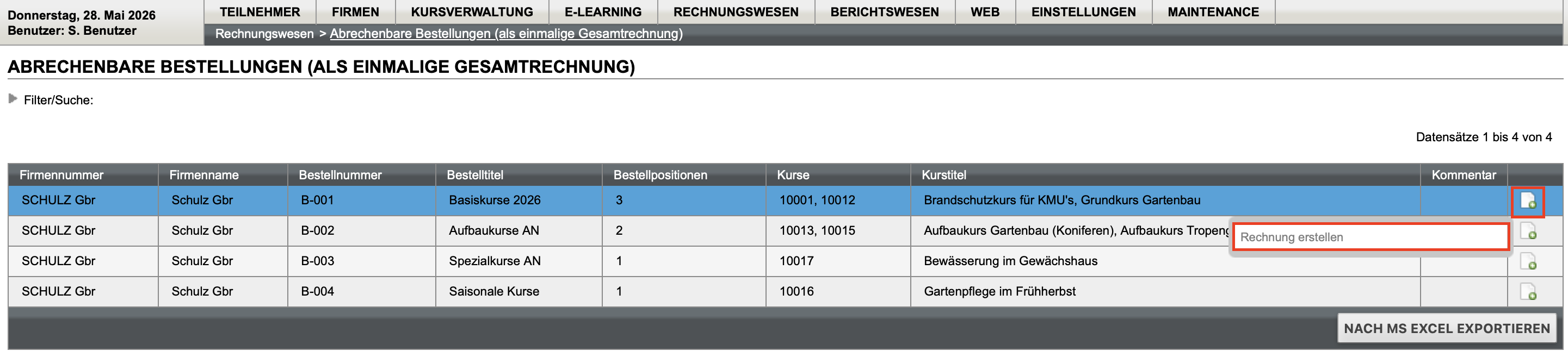 Liste der Abrechenbaren Bestellungen mit Weiteren Funktionen