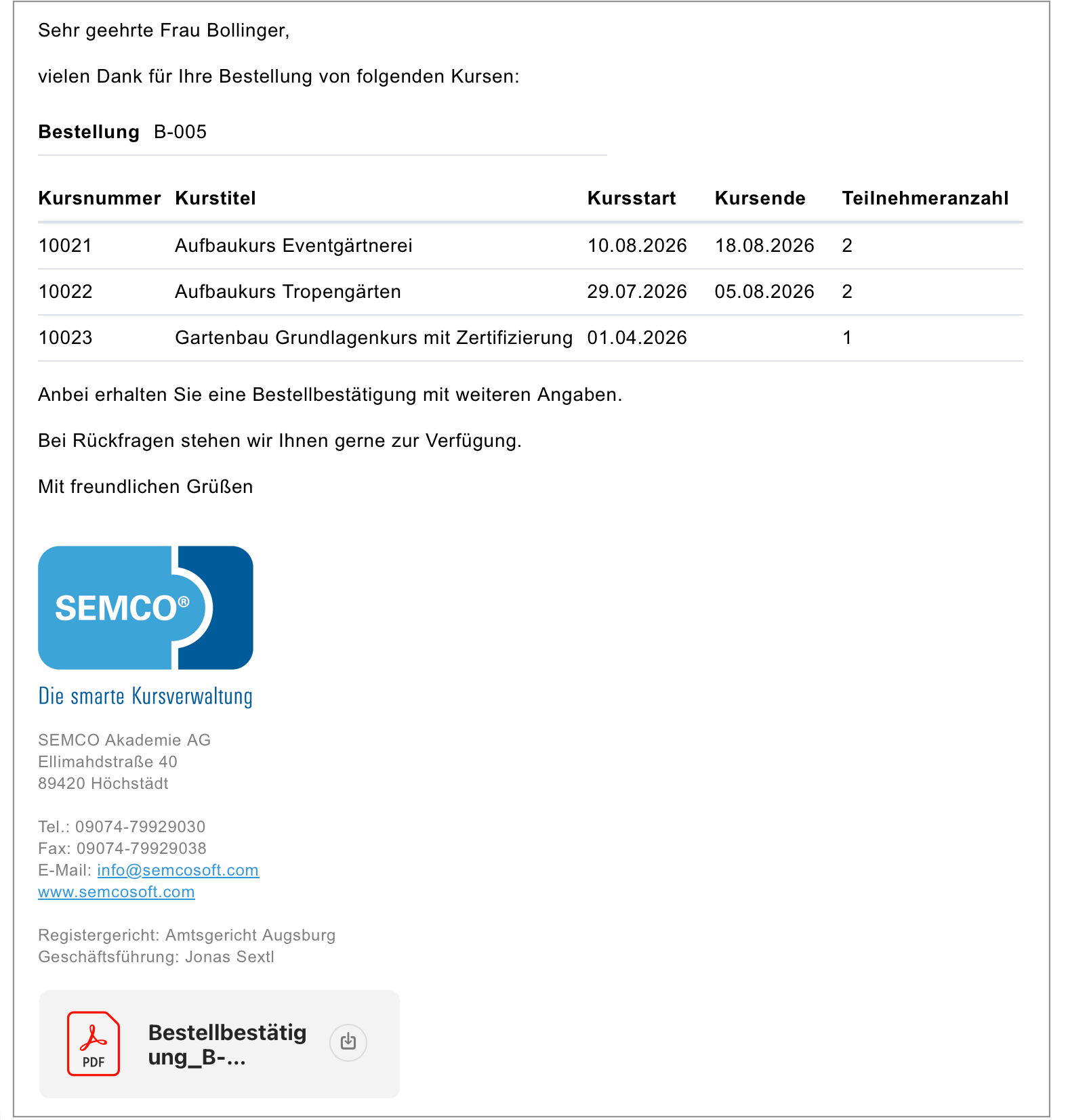 Bestellbestätigungs-E-Mail mit Anhang