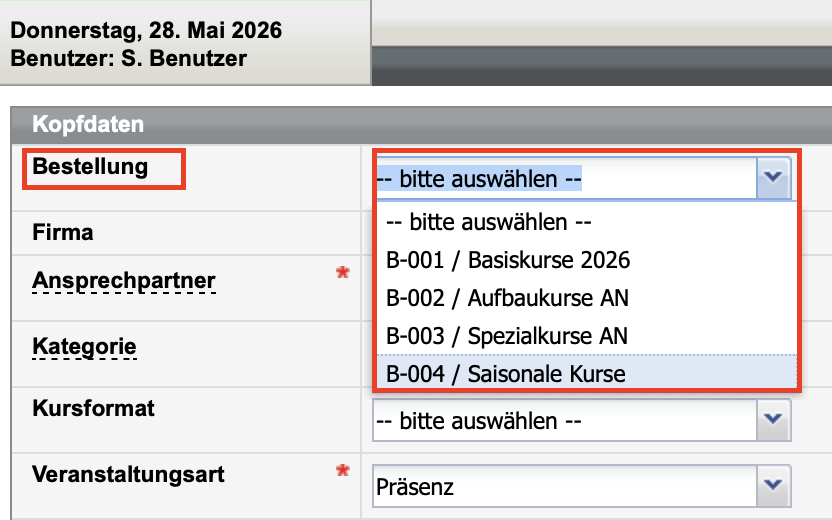 Bestellung im Firmenkursformular auswählen