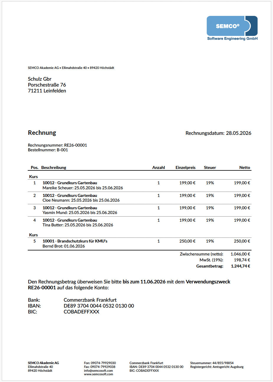 Rechnungsdokument für eine Bestellung