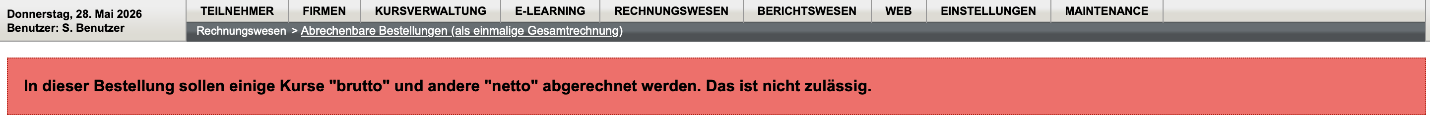 Fehlermeldung bei Kursbrutto- und Kursnettopreisen in einer Bestellung
