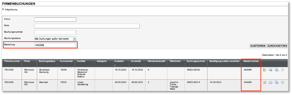 Liste aller Firmenbuchungen, sortiert nach Bestellnummer