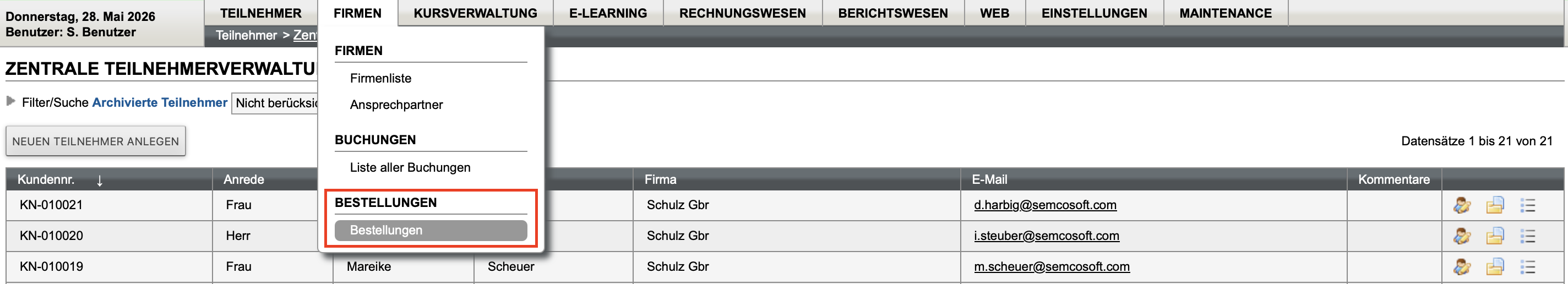 Menüpunkt Bestellungen im Firmen-Menü
