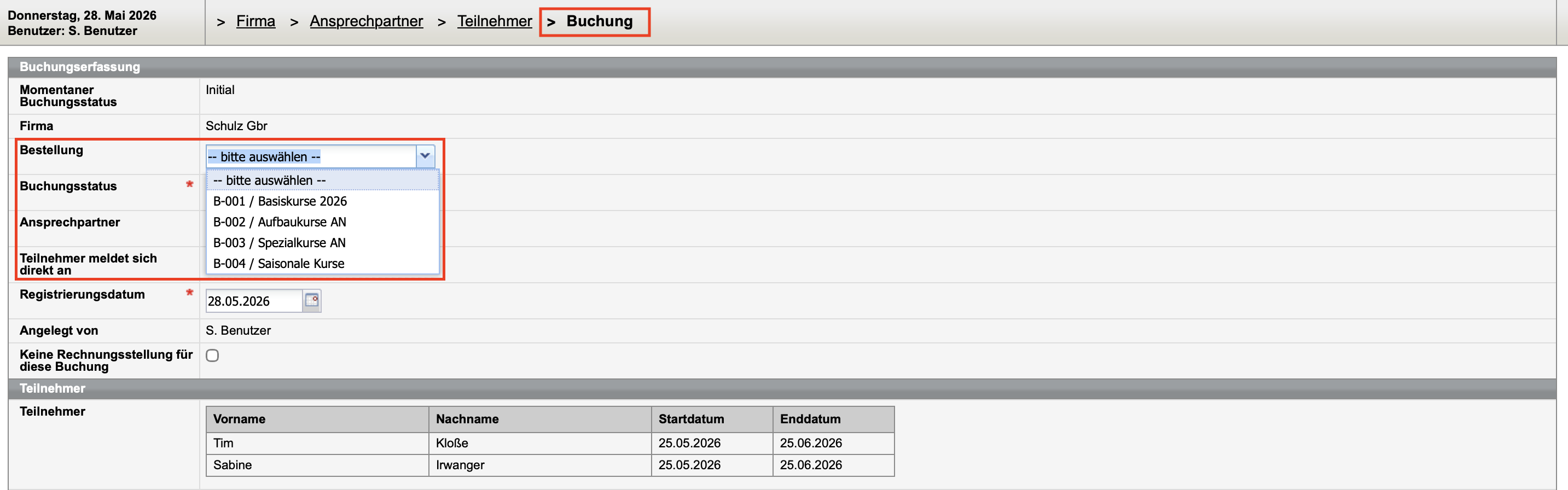 Online-Gruppenbuchung beim Verarbeiten zu Bestellung hinzufügen