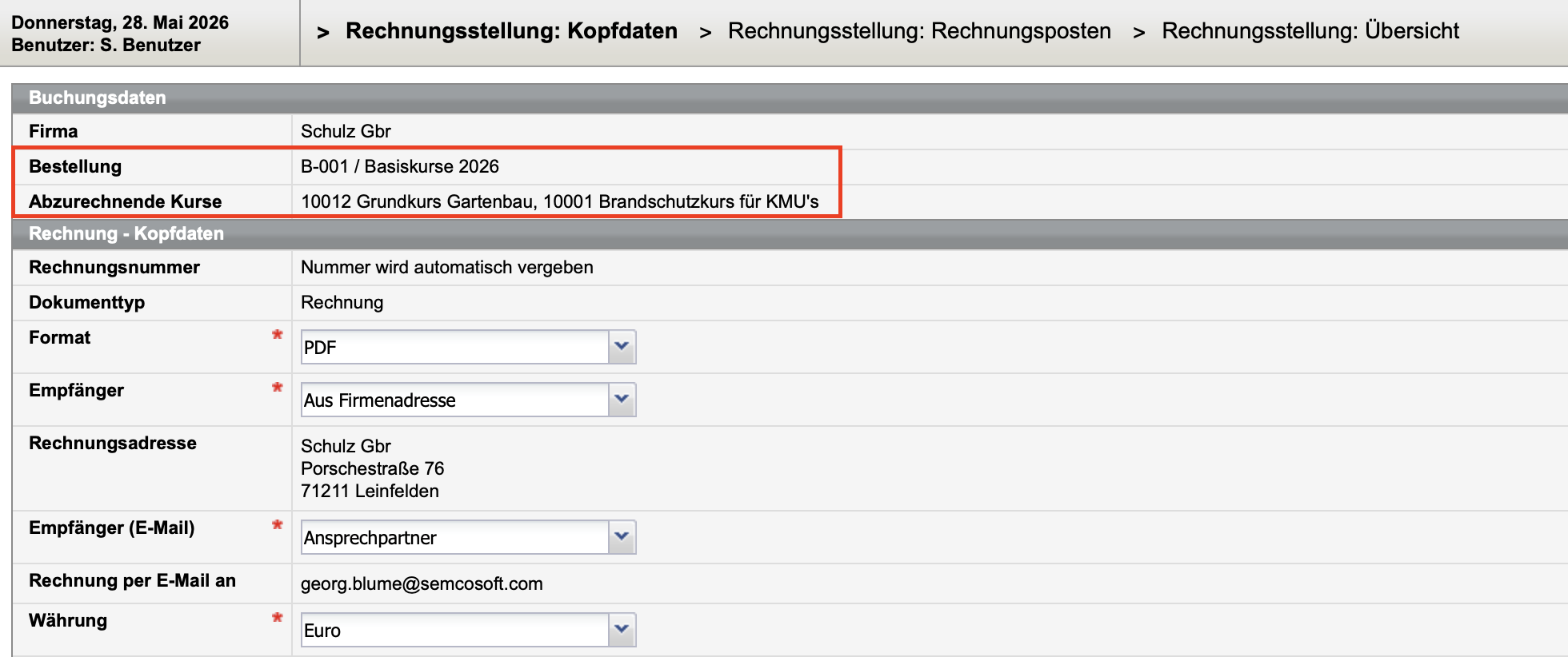 Rechnungsformular mit Bestellinfos und abzurechnenden Kursen