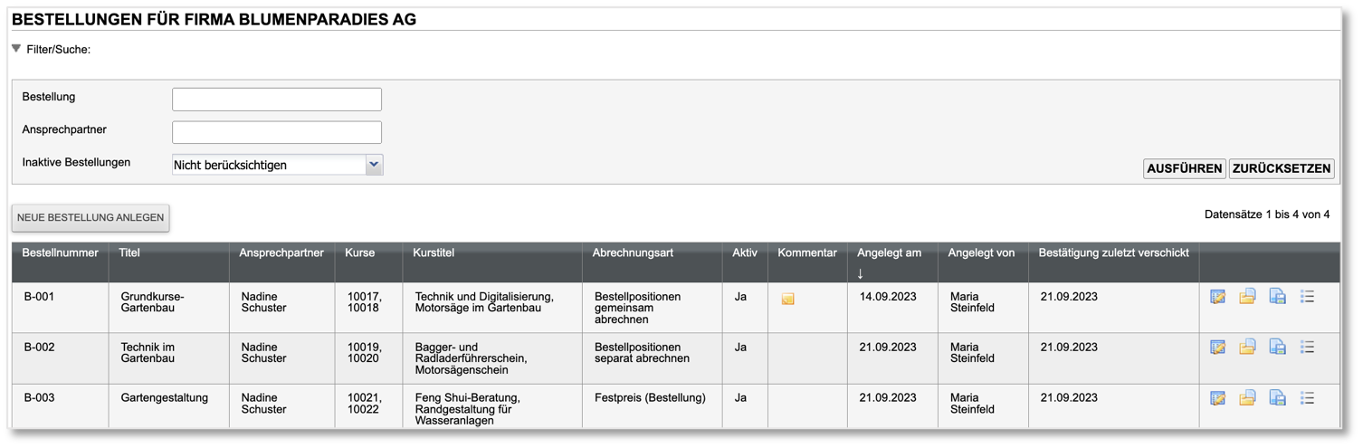 Übersicht aller Bestellungen einer Firma