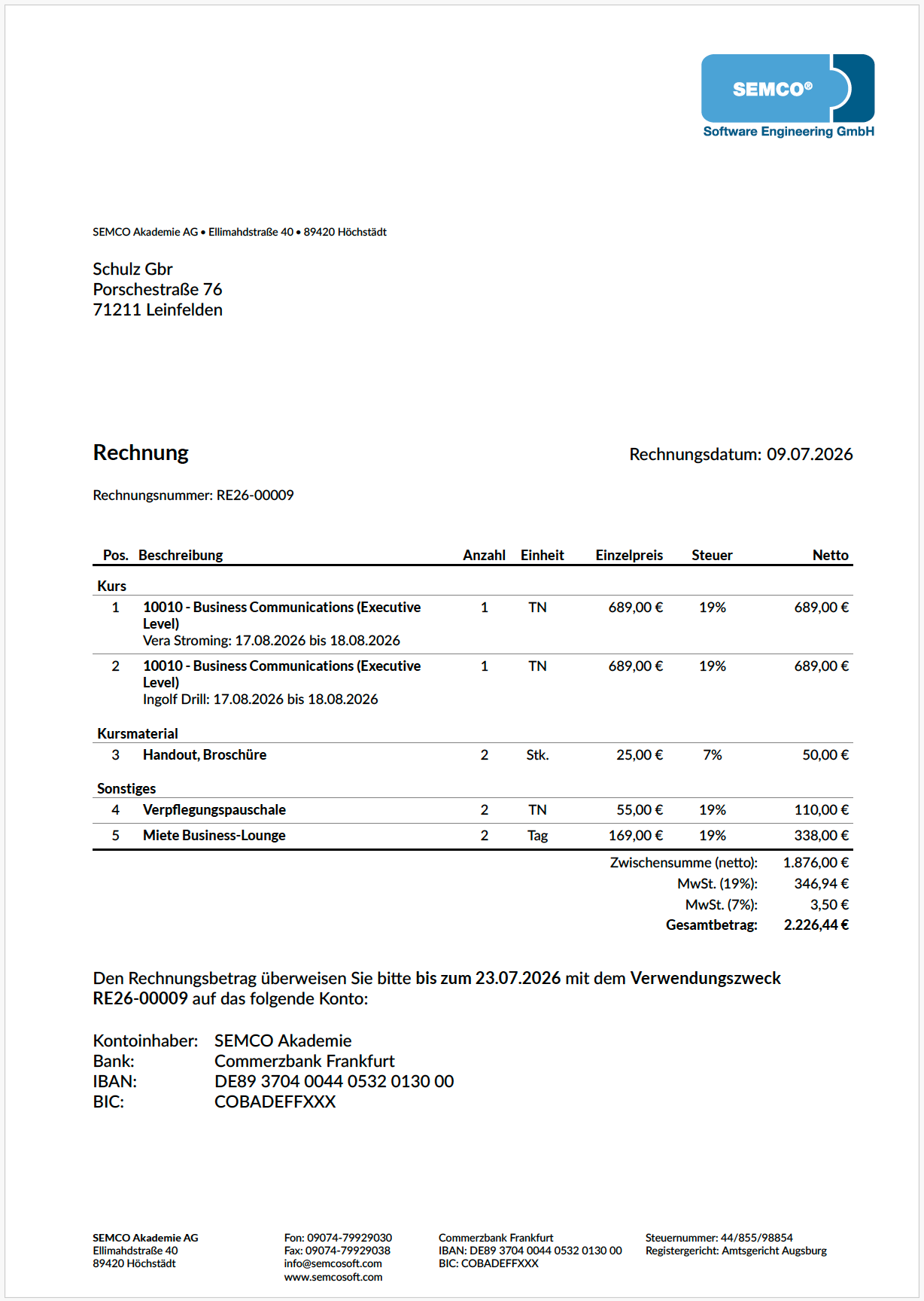 Firmenrechnung, Abrechnungsart Preis pro Teilnehmer