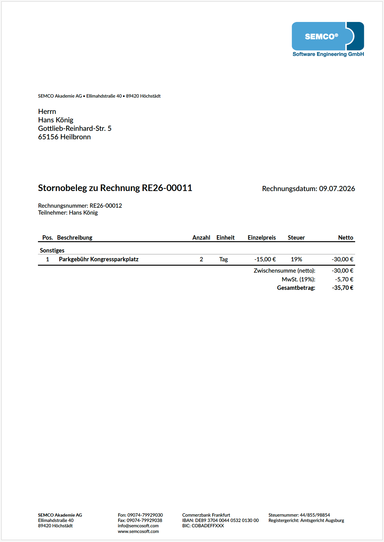 Stornobeleg zu einer Privatrechnung