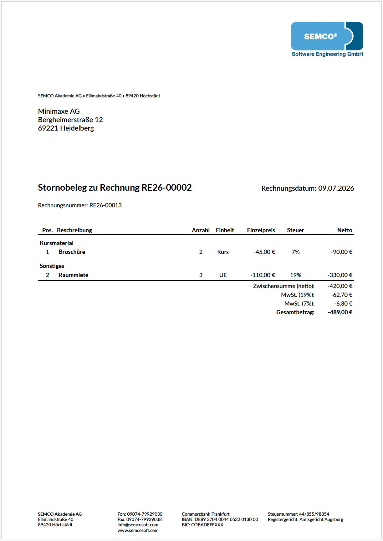 Stornobeleg zu einer Firmenrechnung