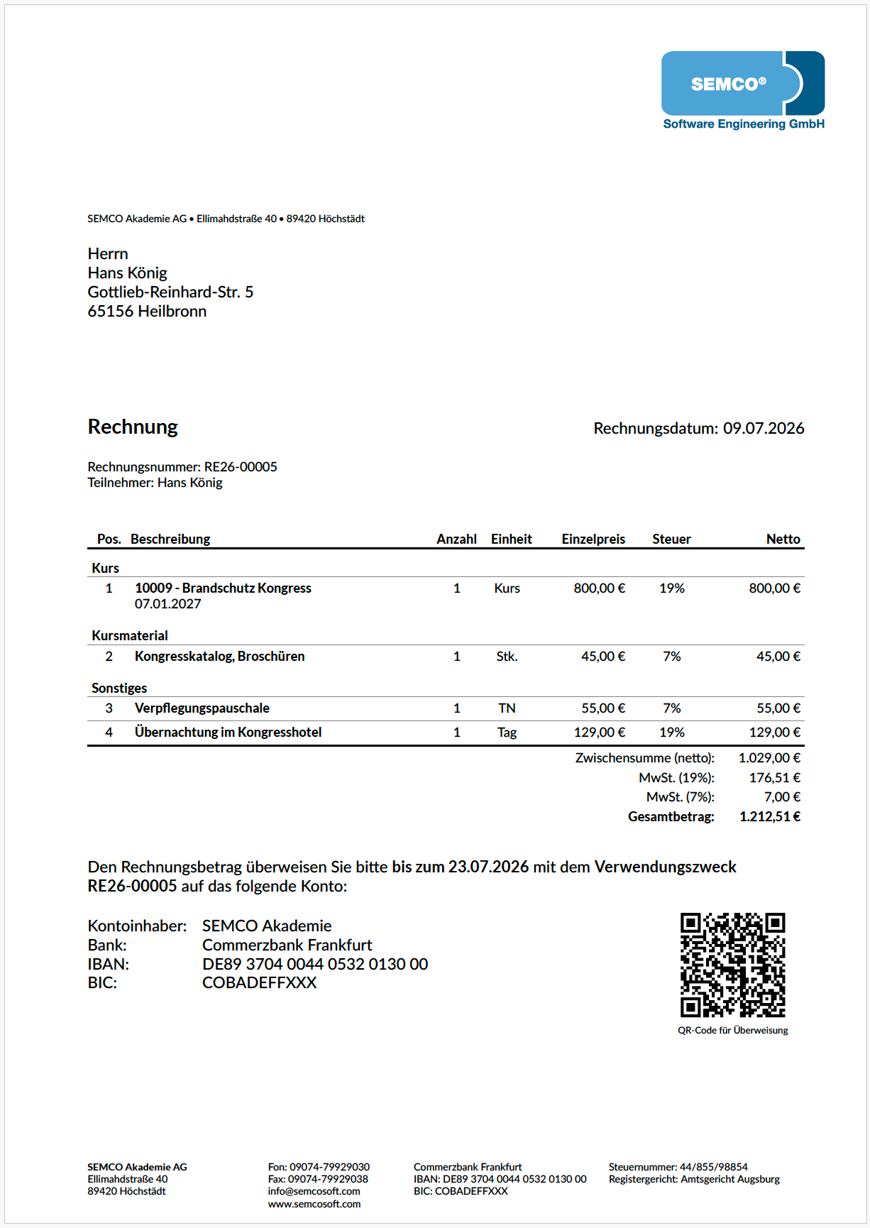 Teilnehmerrechnung mit QR-Code für die Überweisung