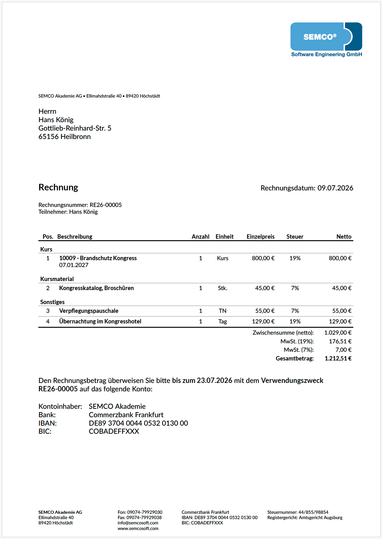 Rechnung für eine Privatbuchung