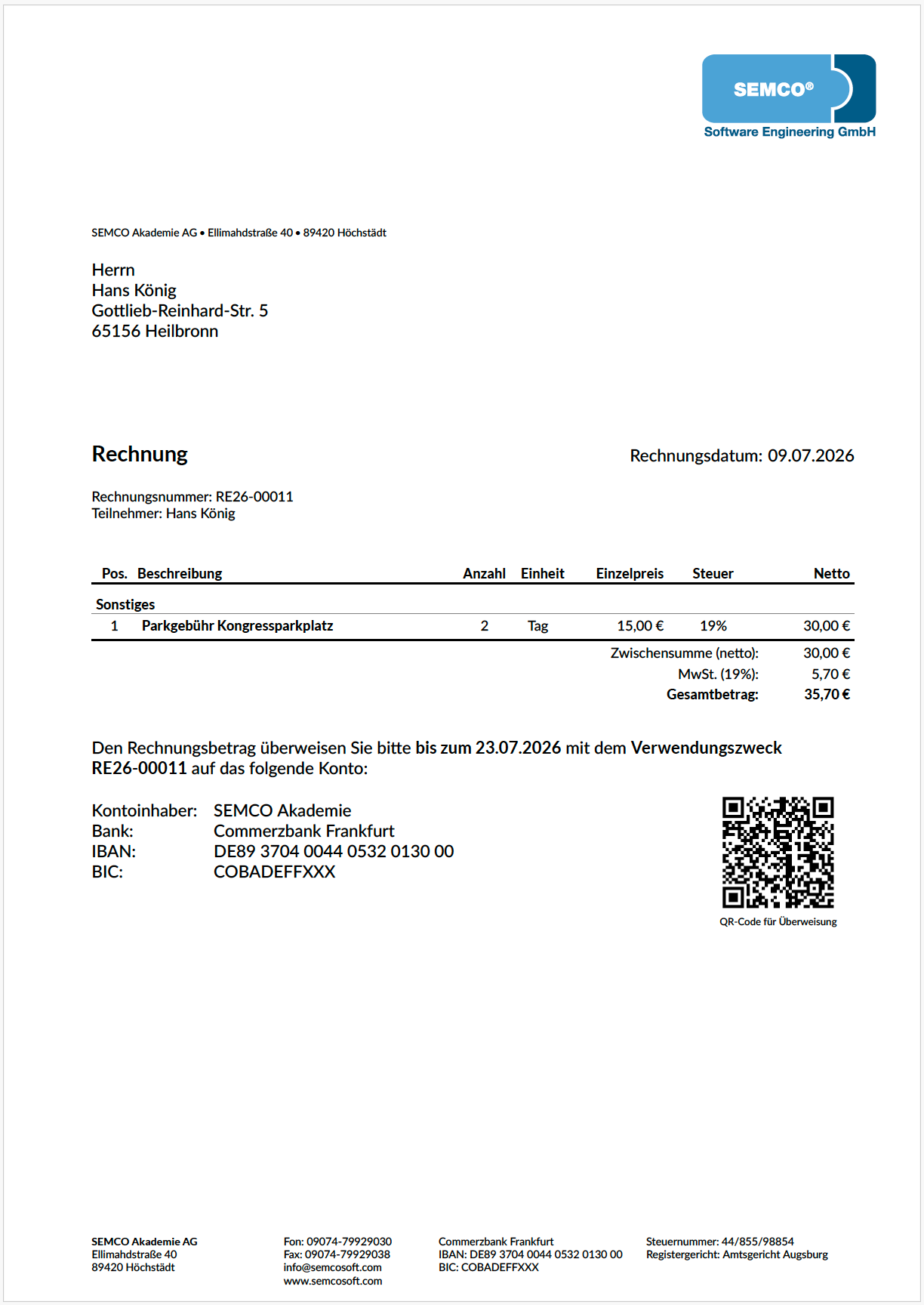 Zusatzrechnung für einen Teilnehmer