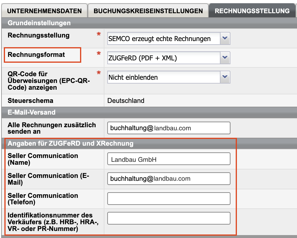 Unternehmensstammdaten, Registerkarte Rechnungsstellung