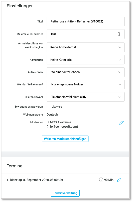 In edudip angelegtes Webinar nach der Synchronisation