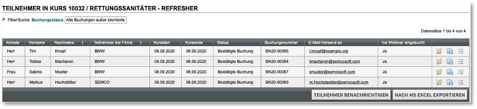 Liste von Kursteilnehmern in SEMCO