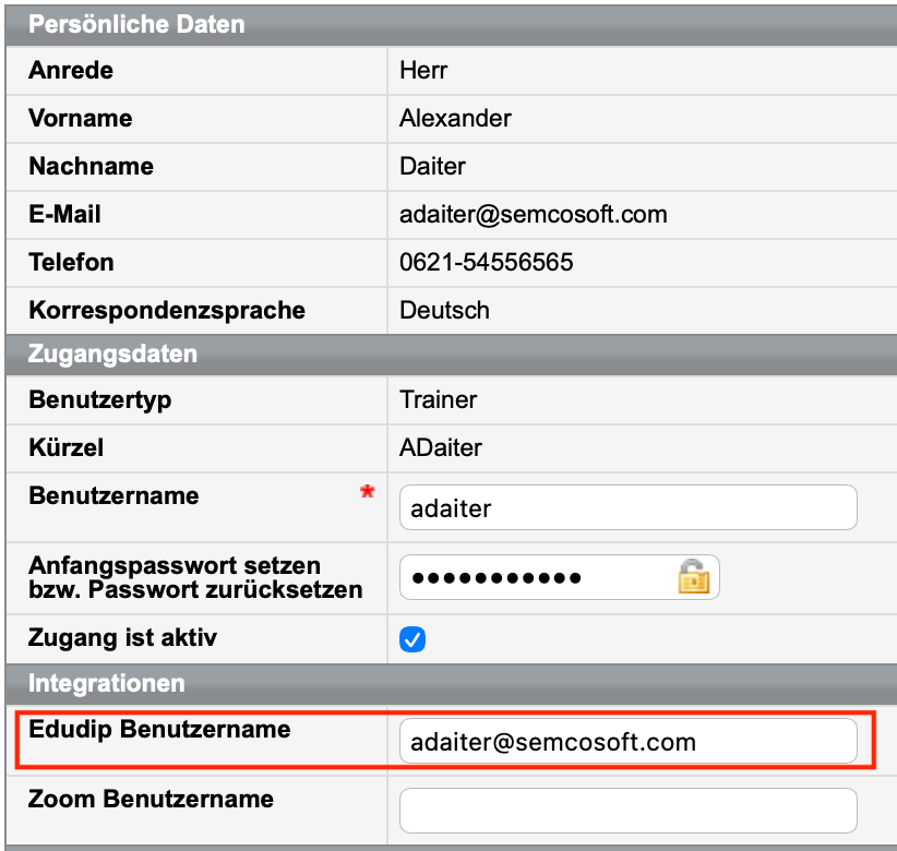 edudip-Benutzernamen beim Benutzer eintragen