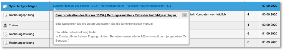 Synchronisationsfehlermeldung in der Inbox