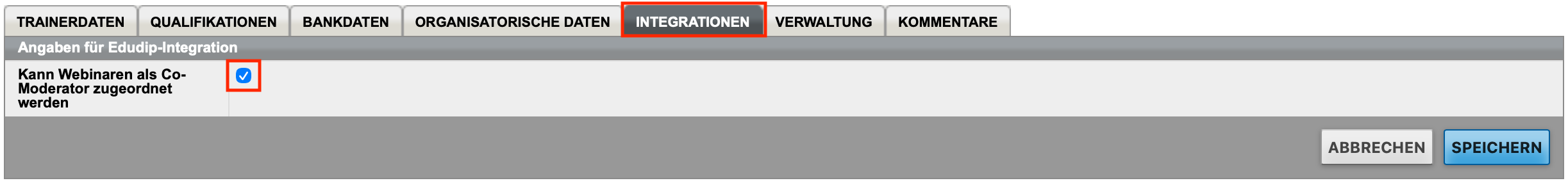 Trainerstammdaten, Registerkarte Integrationen