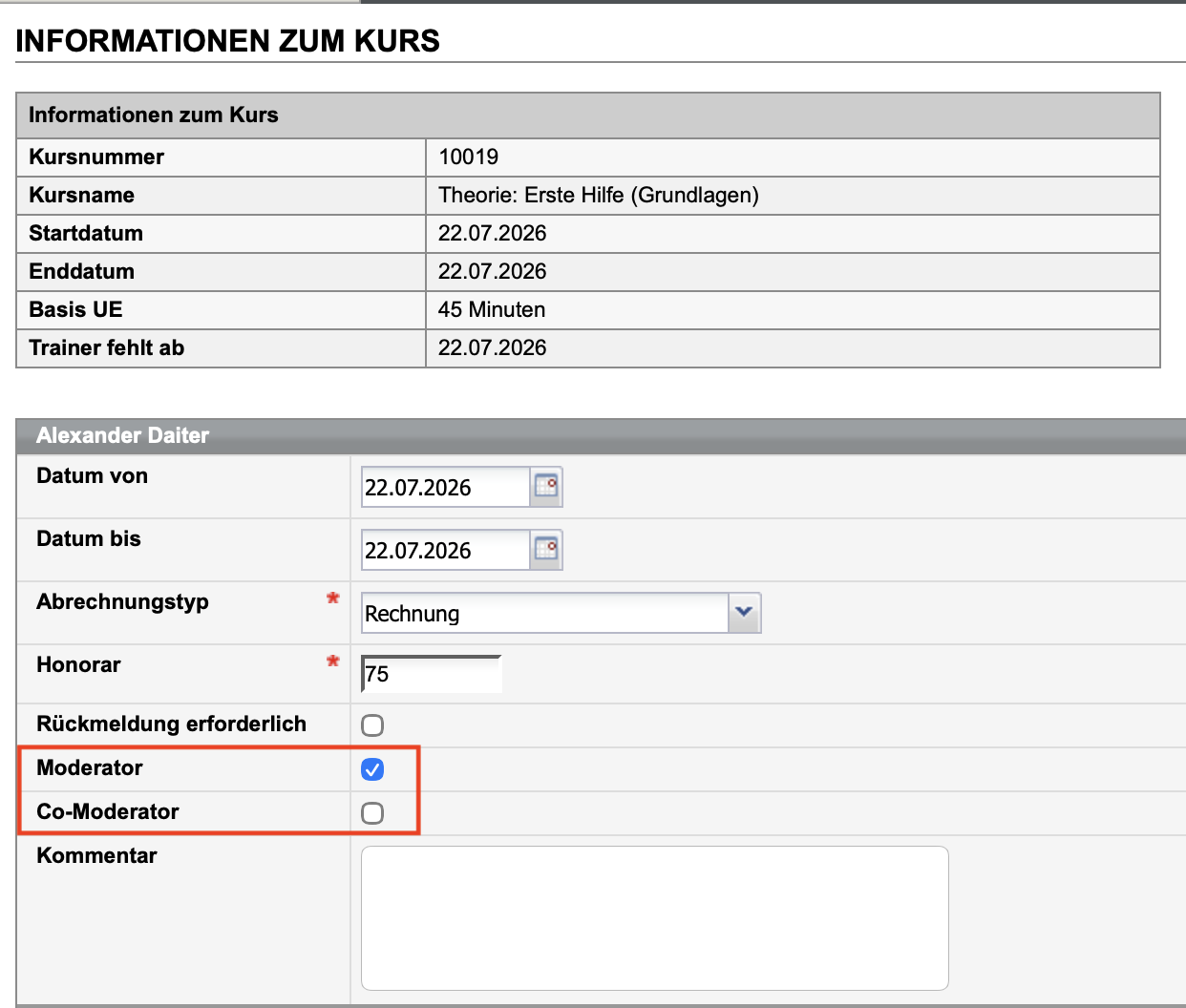 Trainerinformationen für einen Kurs