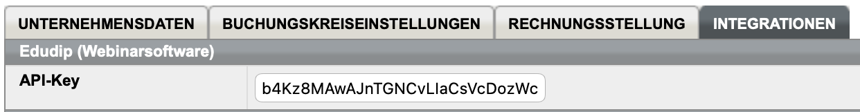 edudip-API-Key in den Unternehmensdaten, Registerkarte Integrationen