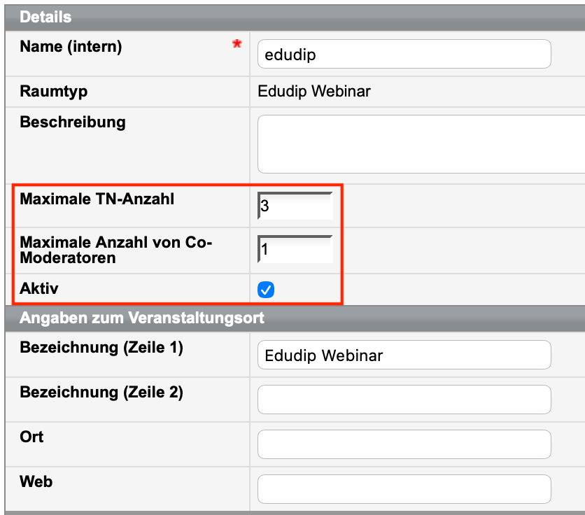 Formular der Details für den Veranstaltungsort edudip