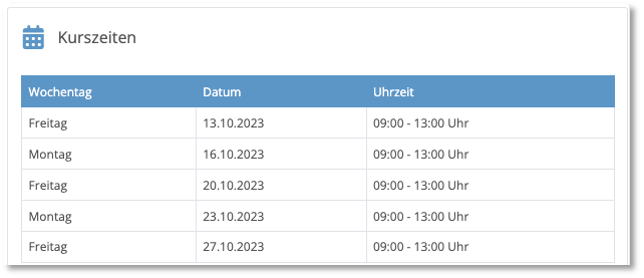 Ausführliche Termindarstellung im Kurskalender