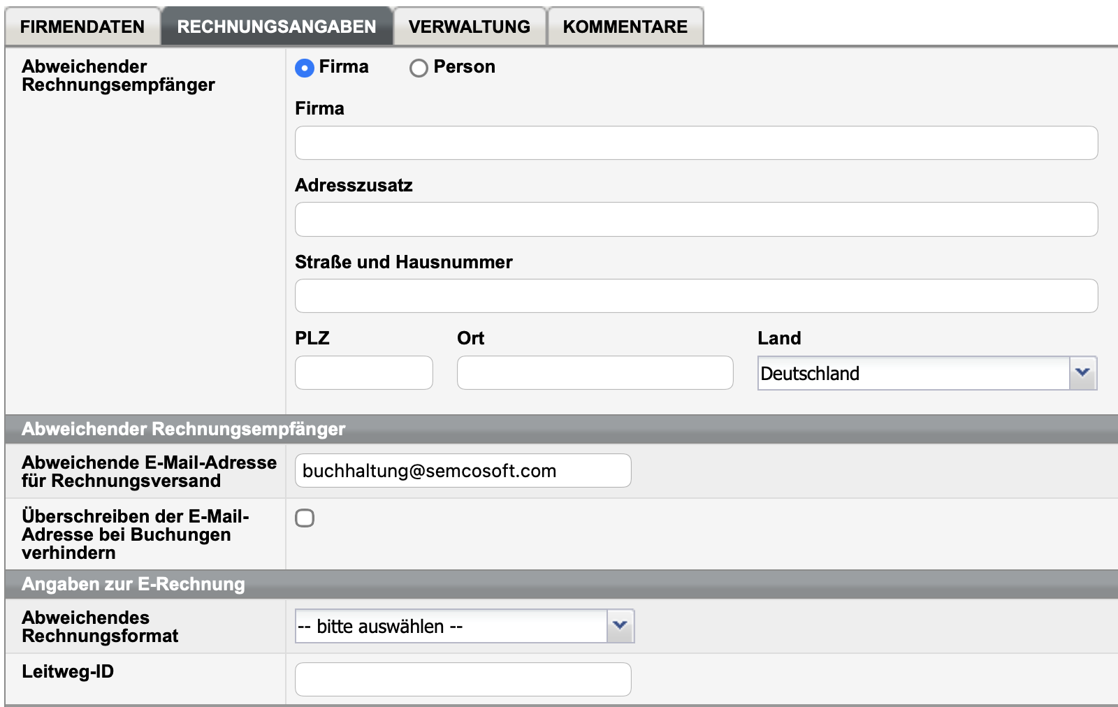 Screenshot Firmendatenformular Registerkarte Rechnungsangaben