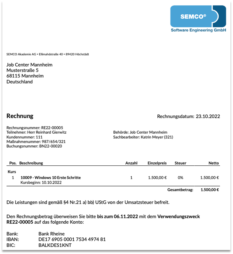 Rechnung über eine bewilligte Förderungsmaßnahme