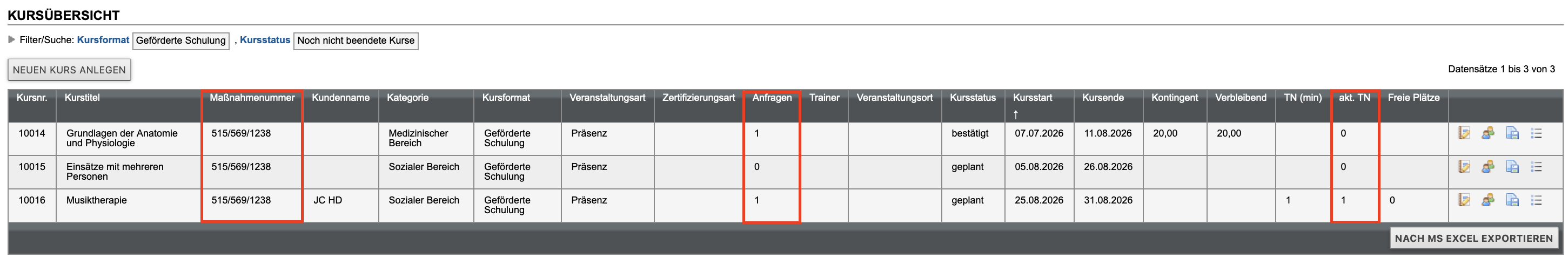 Kursübersichtsliste mit maßnahmenbezogenen Spalten