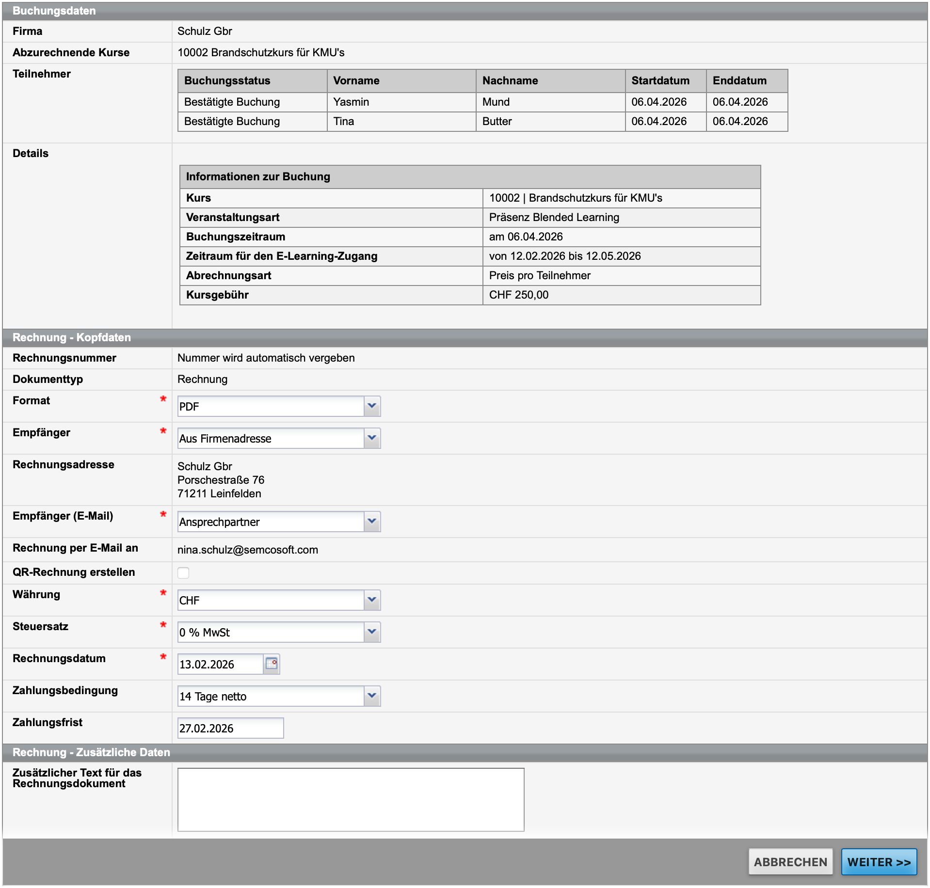 Screenshot des Formulars Rechnungserstellung mit Unterabschnitten